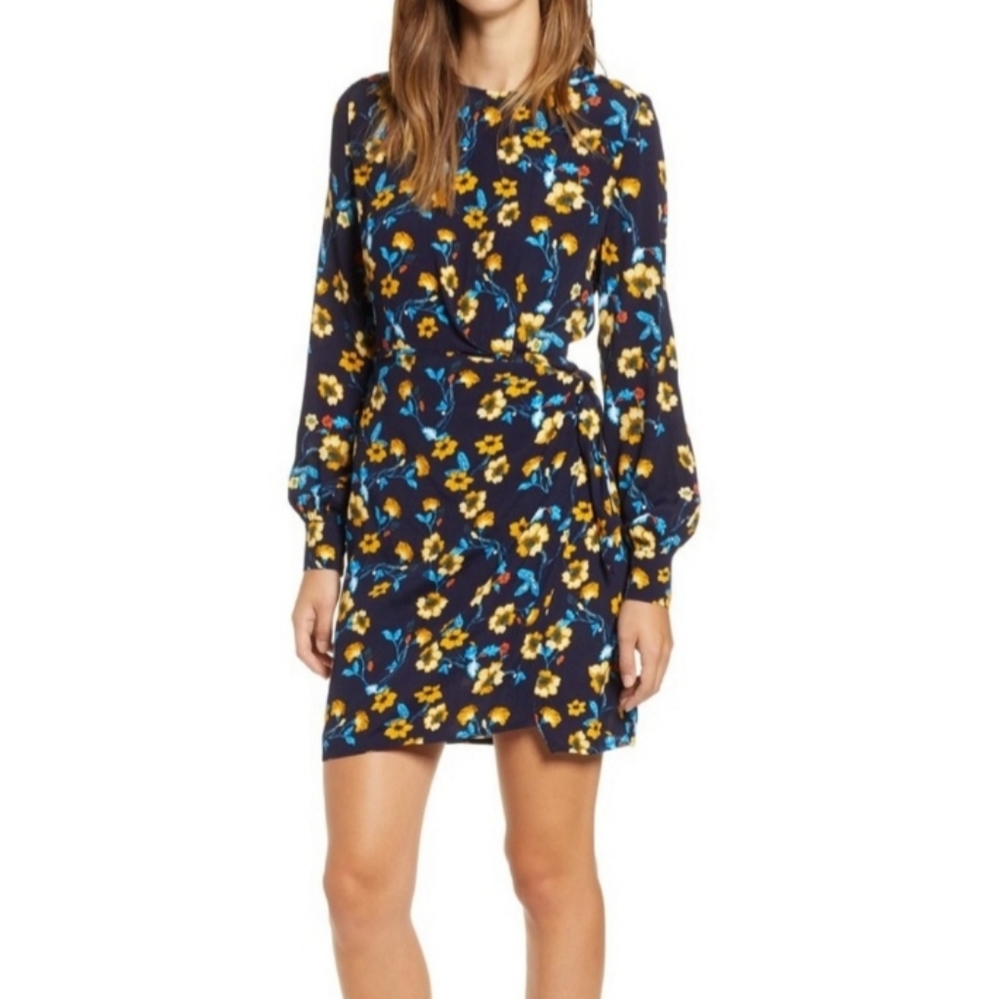 🌸 ASTR Apron Front Long Sleeve Dress in Navy Mustard Multi Floral Small S
